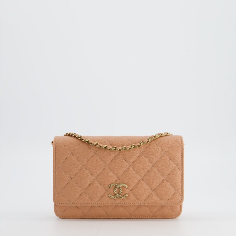 Chanel Peach Wallet on Chain Bag in Caviar Leather with Champagne Gold Hardware and Cage Detail Logo | Studio Nafay