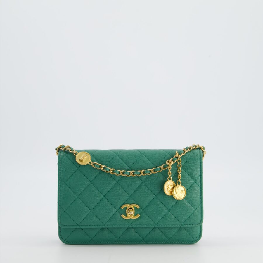 Chanel Teal Wallet on Chain Bag in Caviar Leather with Brushed Gold Hardware and Medallion Chain | Studio Nafay