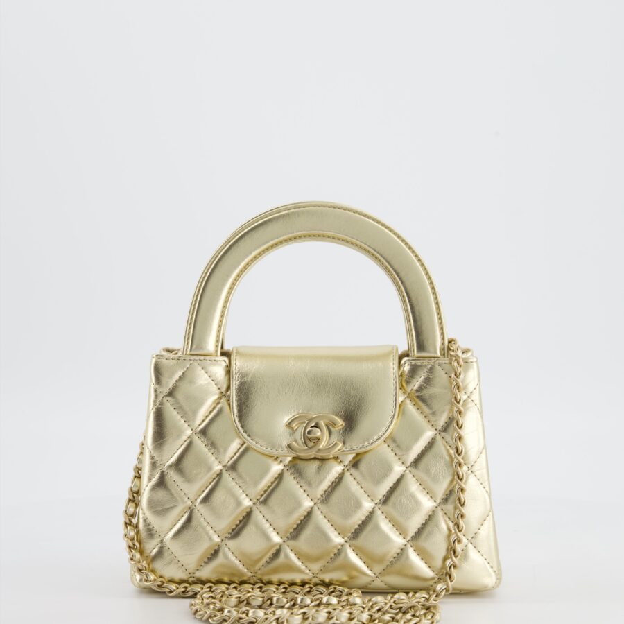 *HOT* Chanel Gold Small Mini Kelly Shopping Bag in Shiny Metallic Calfskin Leather with Metallic Gold Hardware | Studio Nafay
