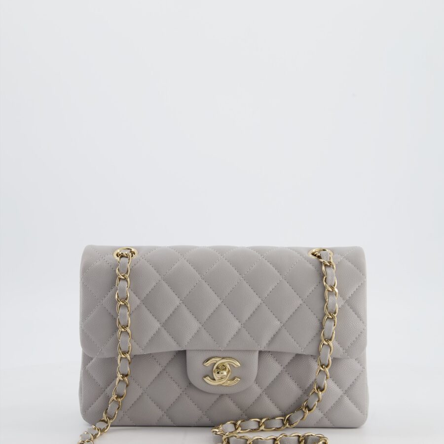 Chanel Dove Grey Small Classic Double Flap Bag in Caviar Leather with Champagne Gold Hardware | Studio Nafay