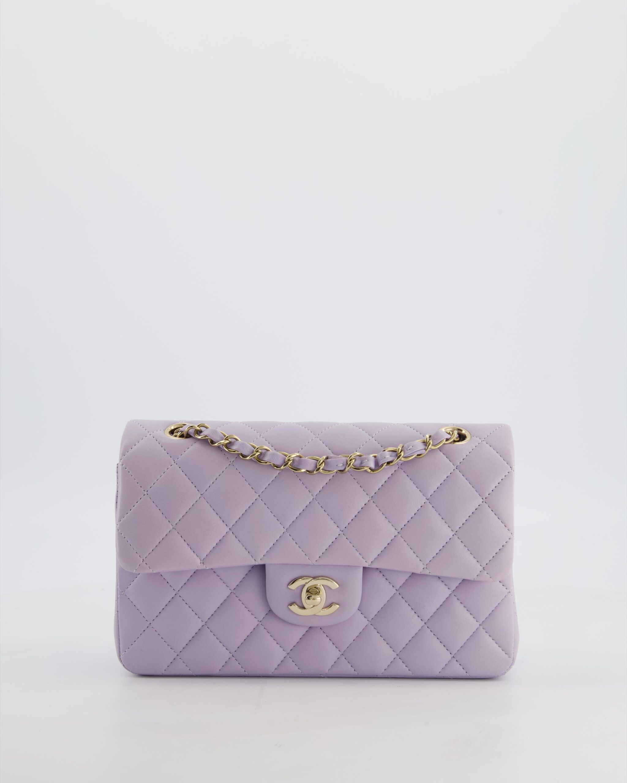 Chanel Small Classic Double Flap Bag in Light Violet Lambskin Leather with Champagne Gold Hardware