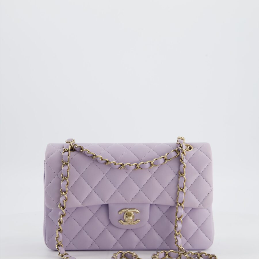 Chanel Small Classic Double Flap Bag in Light Violet Lambskin Leather with Champagne Gold Hardware | Studio Nafay