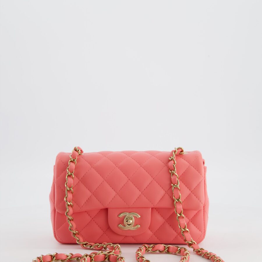 Chanel Classic Mini Rectangular Flap Bag in Hot Pink Lambskin Leather with Champagne Gold Hardware | Studio Nafay