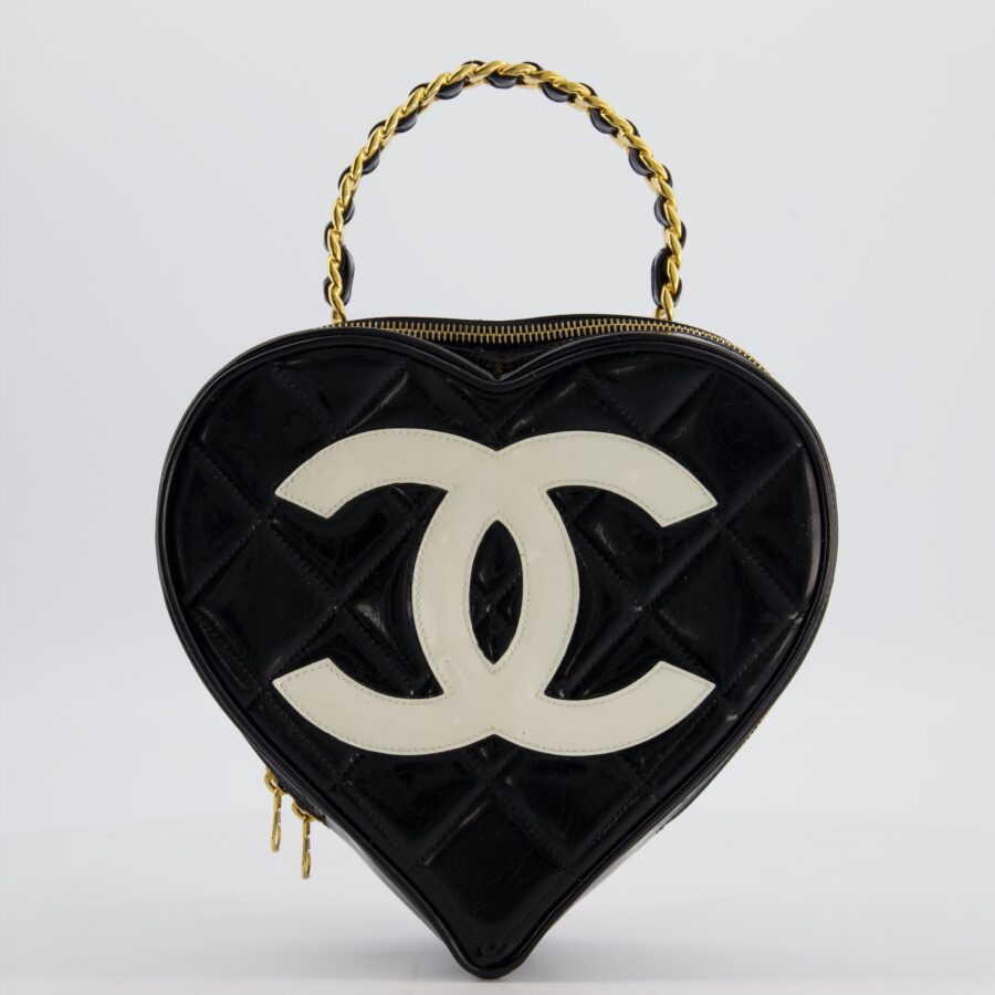 *RARE COLLECTORS ITEM* Chanel Black Heart Vanity Bag with White CC Logo and Gold Chain Handle Detail | Studio Nafay