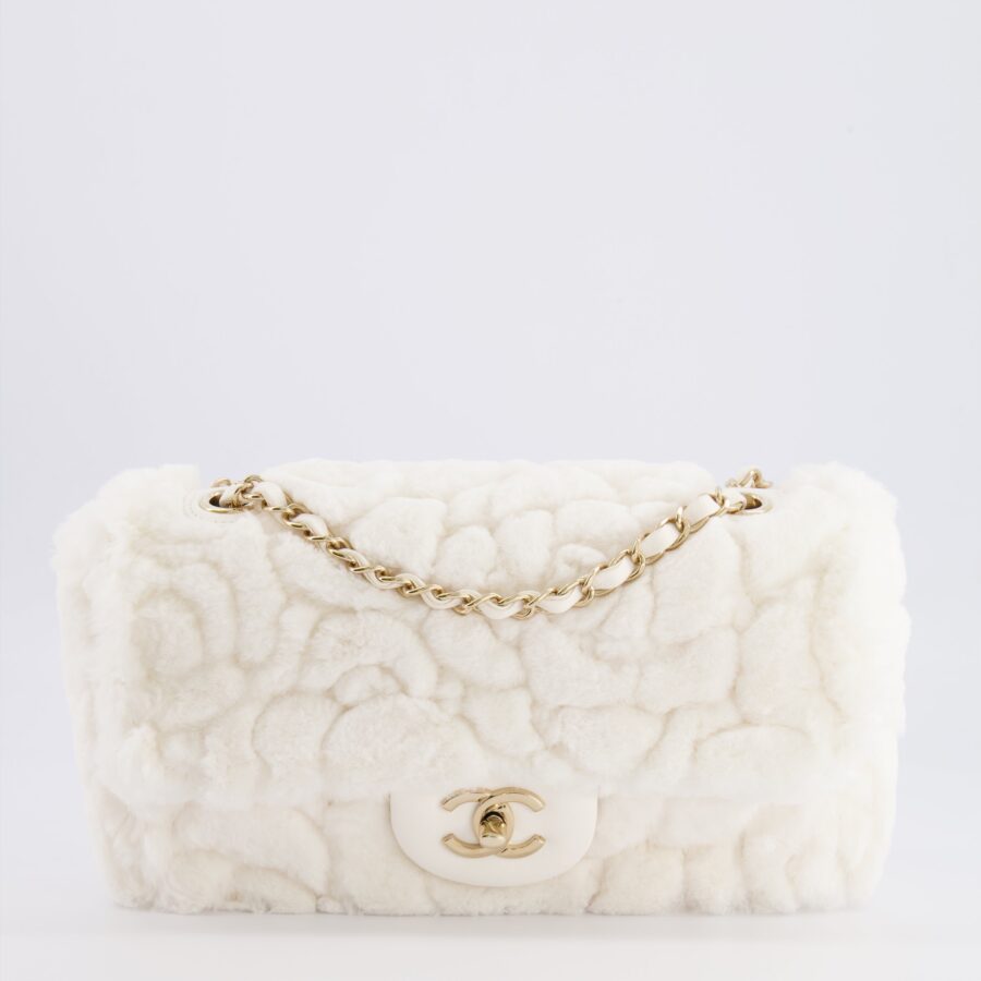 *RARE* Chanel White Rabbit Fur Classic Single Flap Bag with Camelia Flower Motif and Champagne Gold Hardware | Studio Nafay