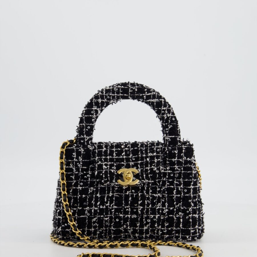 Chanel Black & White Tweed and Sequin Small Kelly Bag with Brushed Antique Gold Hardware | Studio Nafay
