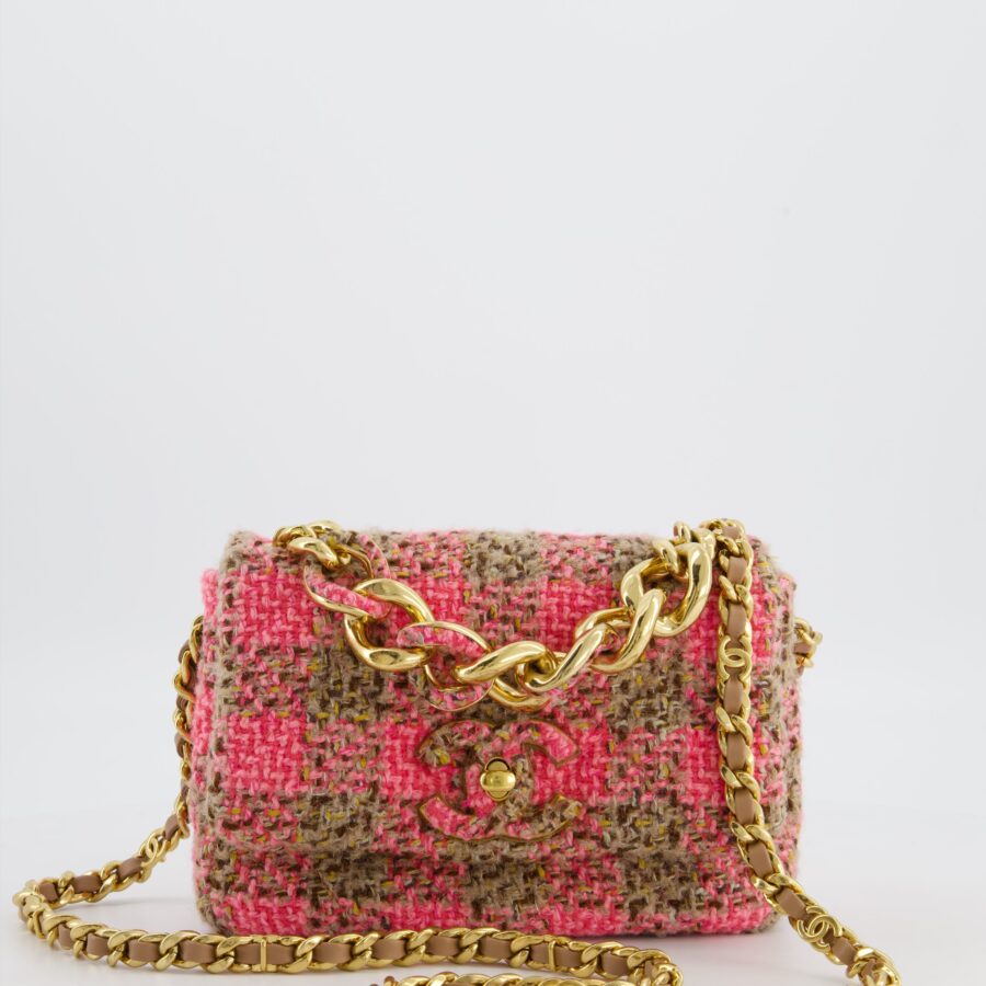 Chanel Mini 19 Flap Bag in Pink, Beige Check Tweed with Gold Hardware and Chunky Gold Chain Handle | Studio Nafay