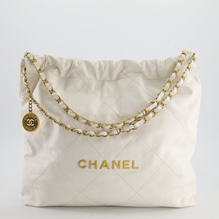 Chanel 22 Small Bag in White Aged Calfskin with Brushed Gold Hardware | Studio Nafay