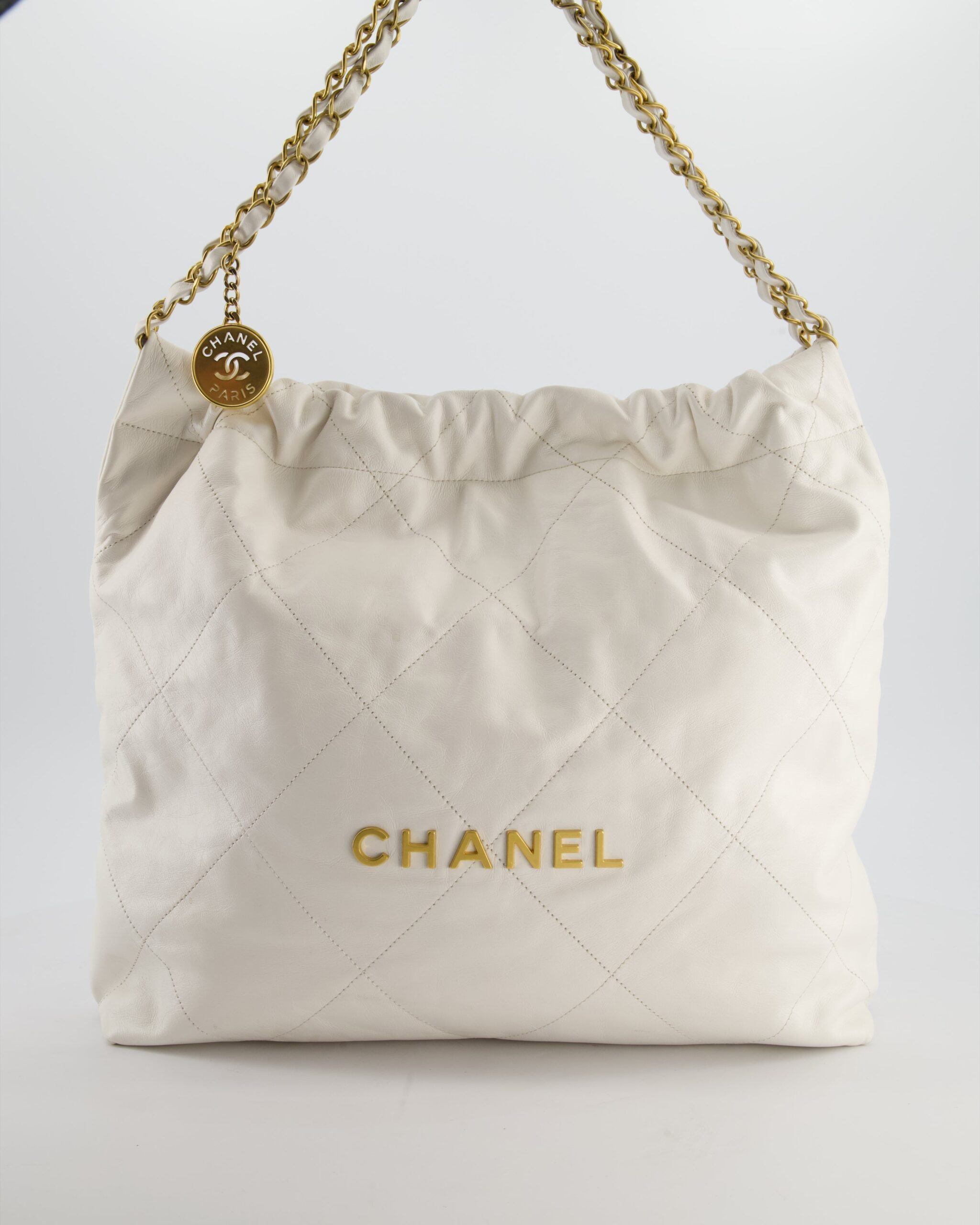 Chanel 22 Small Bag in White Aged Calfskin with Brushed Gold Hardware