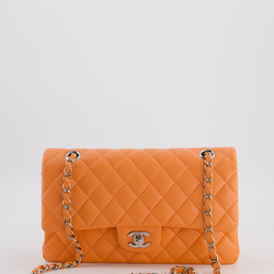 Chanel Medium Orange Classic Double Flap Bag in Lambskin Leather with Silver Hardware | Studio Nafay