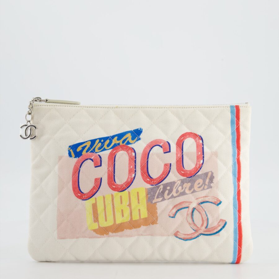 Chanel SS17 Coco Cuba White Pouch in Canvas with CC Logo Clutch | Studio Nafay