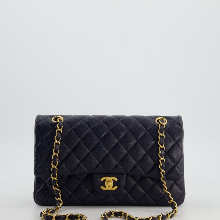 Chanel Medium Navy Classic Double Flap Bag in Lambskin Leather with Gold Hardware | Studio Nafay