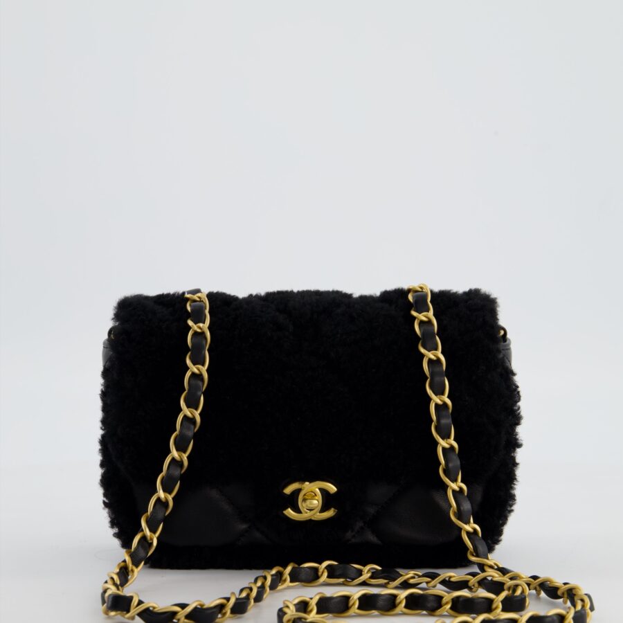 *SUPER RARE* Chanel Classic Mini Rectangular Shearling Flap Bag in Black Lambskin Leather with Gold Hardware | Studio Nafay