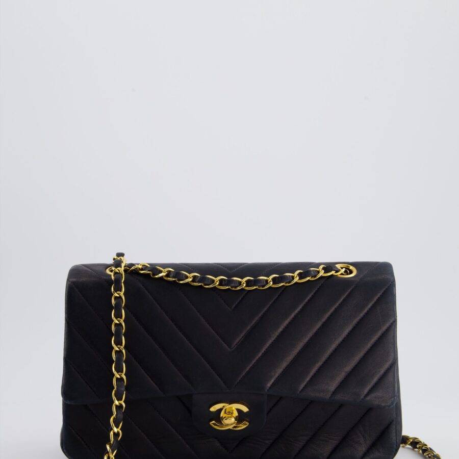 Chanel Navy Classic Medium Chevron Double Flap Bag in Lambskin Leather with 24K Gold Hardware | Studio Nafay