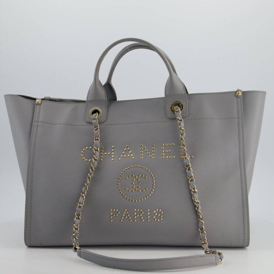 Chanel Grey Caviar Leather Medium Deauville Tote Bag with Champagne Gold Hardware | Studio Nafay
