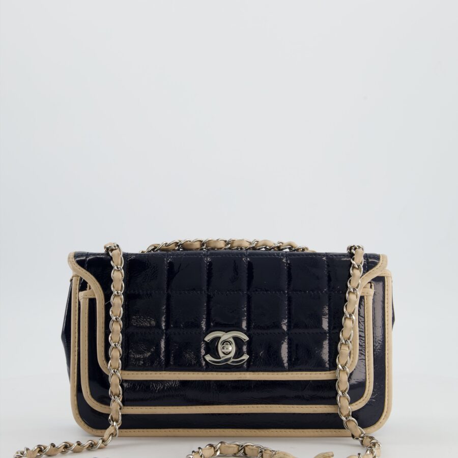 Chanel Chocolate Bar Flap Shoulder Bag in Navy Patent Leather with Silver Hardware | Studio Nafay
