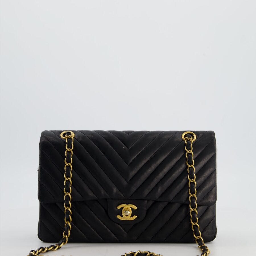 Chanel Black Chevron Medium Classic Double Flap Bag in Lambskin Leather with Gold Hardware | Studio Nafay