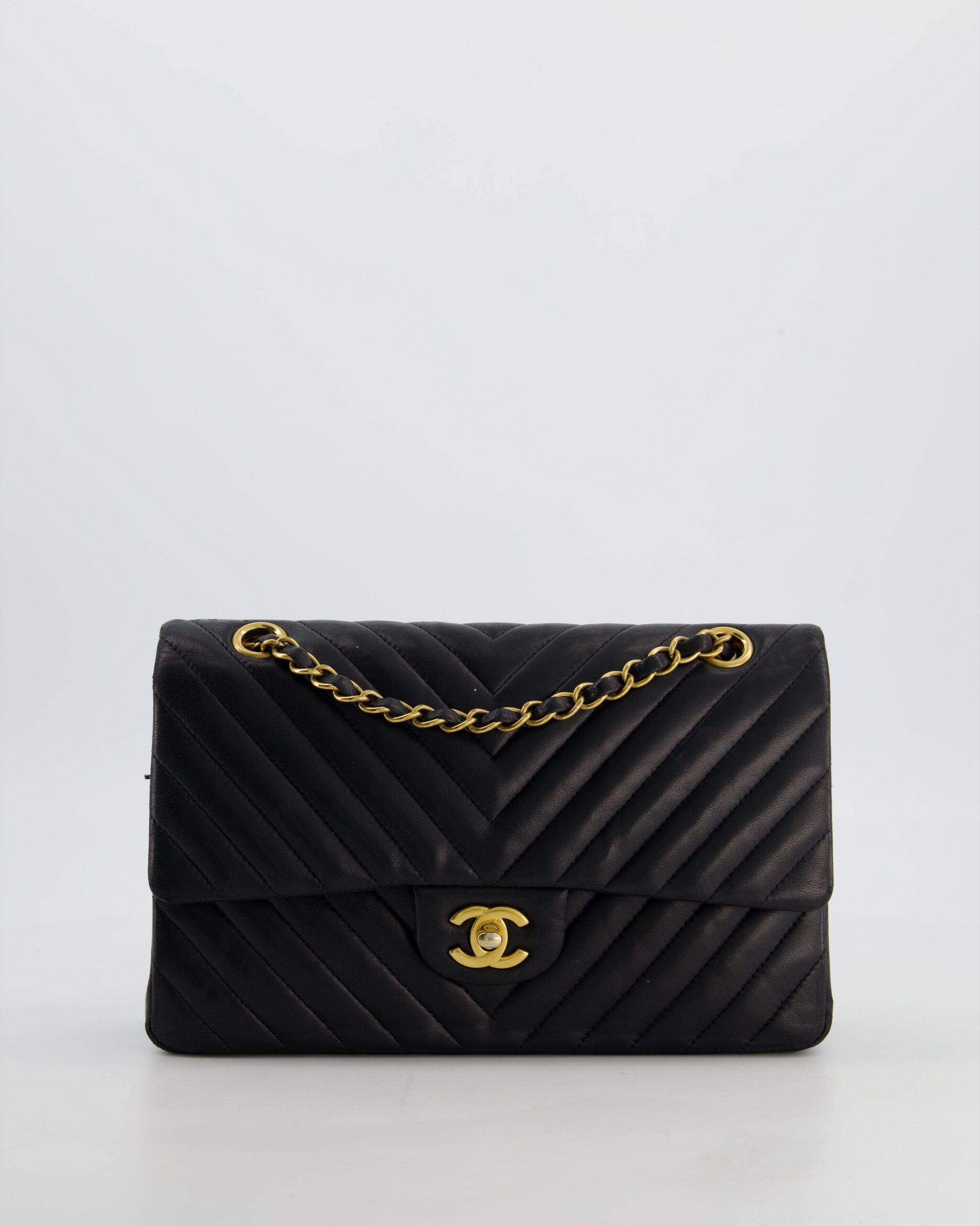 Chanel Black Chevron Medium Classic Double Flap Bag in Lambskin Leather with Gold Hardware