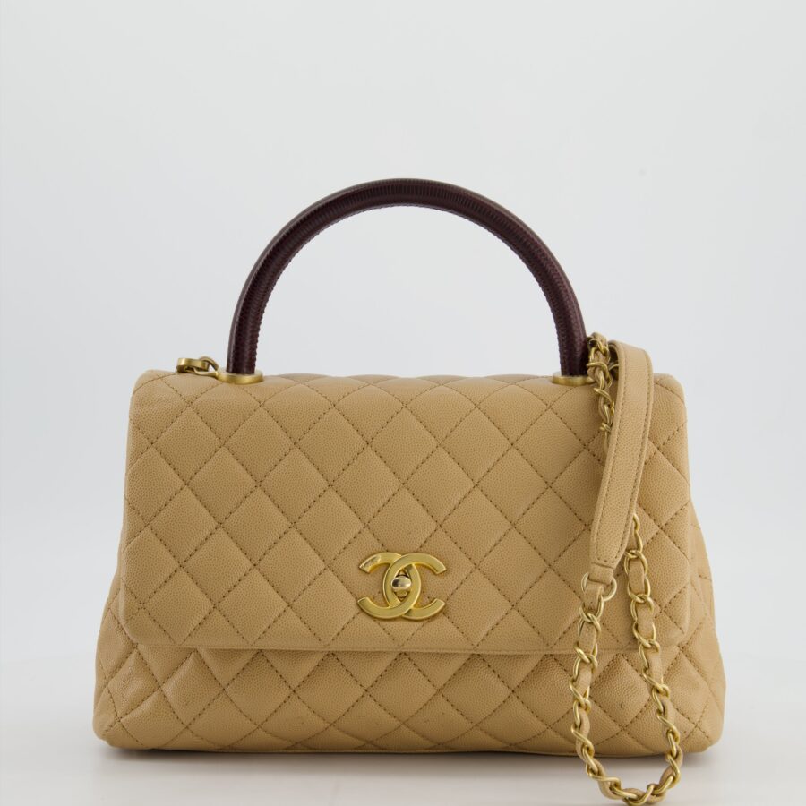 Chanel Medium Coco Top Handle Bag in Chai Beige Caviar Leather with Brushed Gold Hardware | Studio Nafay