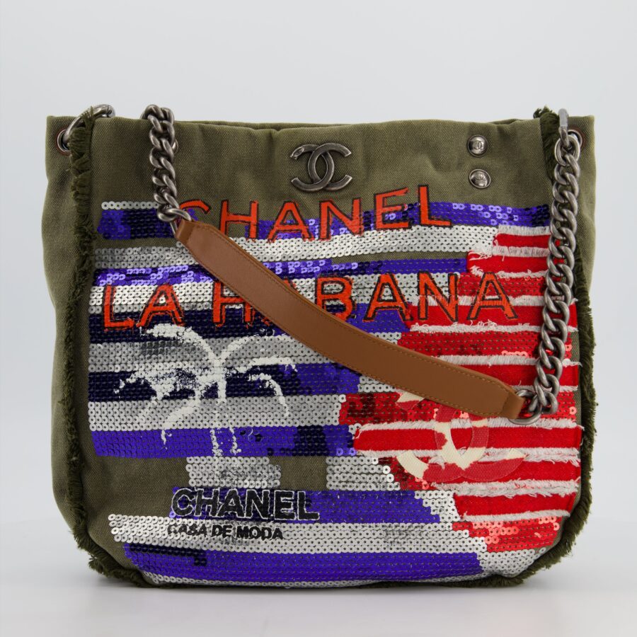 Chanel Khaki Canvas La Habana Casa de Moda Silver, Navy and Red Sequin Embellished Tote Bag with Ruthenium Hardware | Studio Nafay