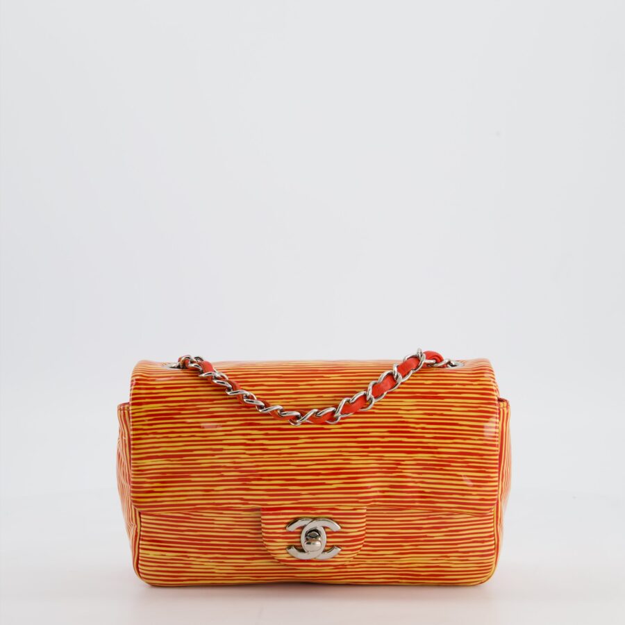 Chanel Red & Yellow Striped Mini Rectangular Flap Bag in Patent Leather with Silver Hardware | Studio Nafay