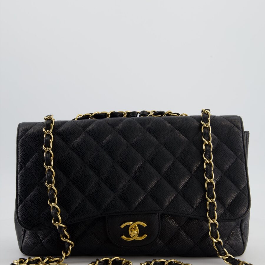 Chanel Black Jumbo Classic Single Flap Bag in Caviar Leather with Gold Hardware | Studio Nafay