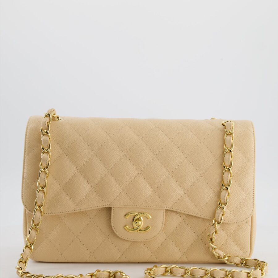 *HOT* Chanel Beige Jumbo Classic Double Flap Bag in Caviar Leather with Gold Hardware | Studio Nafay