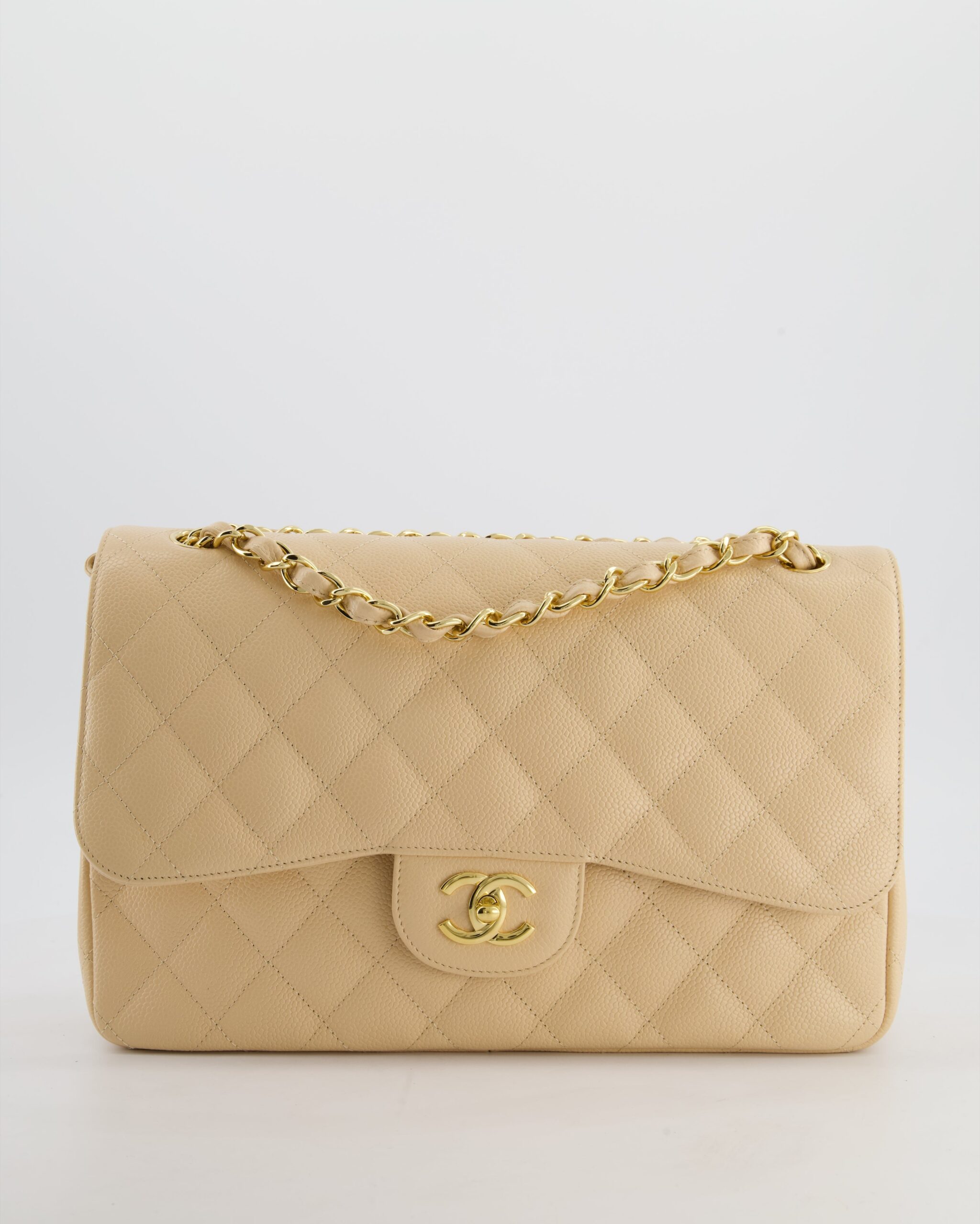*HOT* Chanel Beige Jumbo Classic Double Flap Bag in Caviar Leather with Gold Hardware