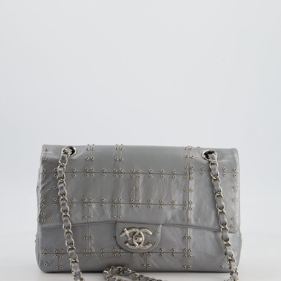 Chanel Silver Medium Airline Double Flap Bag in Glazed Calfskin with Grommet Embellishment Detail and Silver Hardware | Studio Nafay