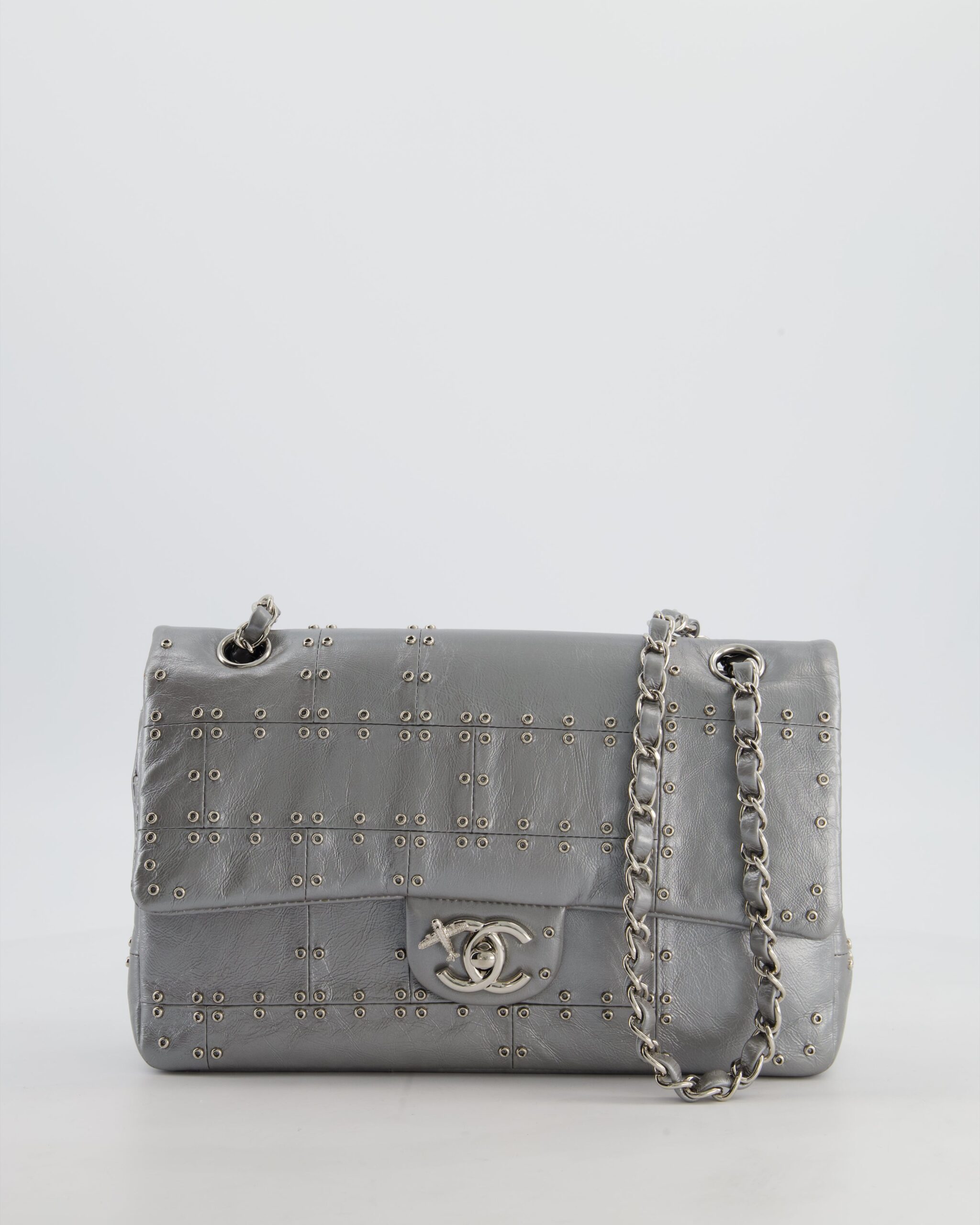 Chanel Silver Medium Airline Double Flap Bag in Glazed Calfskin with Grommet Embellishment Detail and Silver Hardware