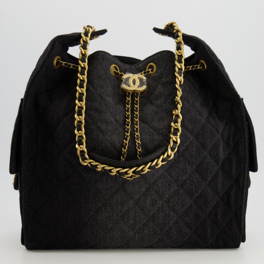 Chanel Medium 25 Hobo Bag in Black Quilted Denim with Brushed Gold Hardware | Studio Nafay