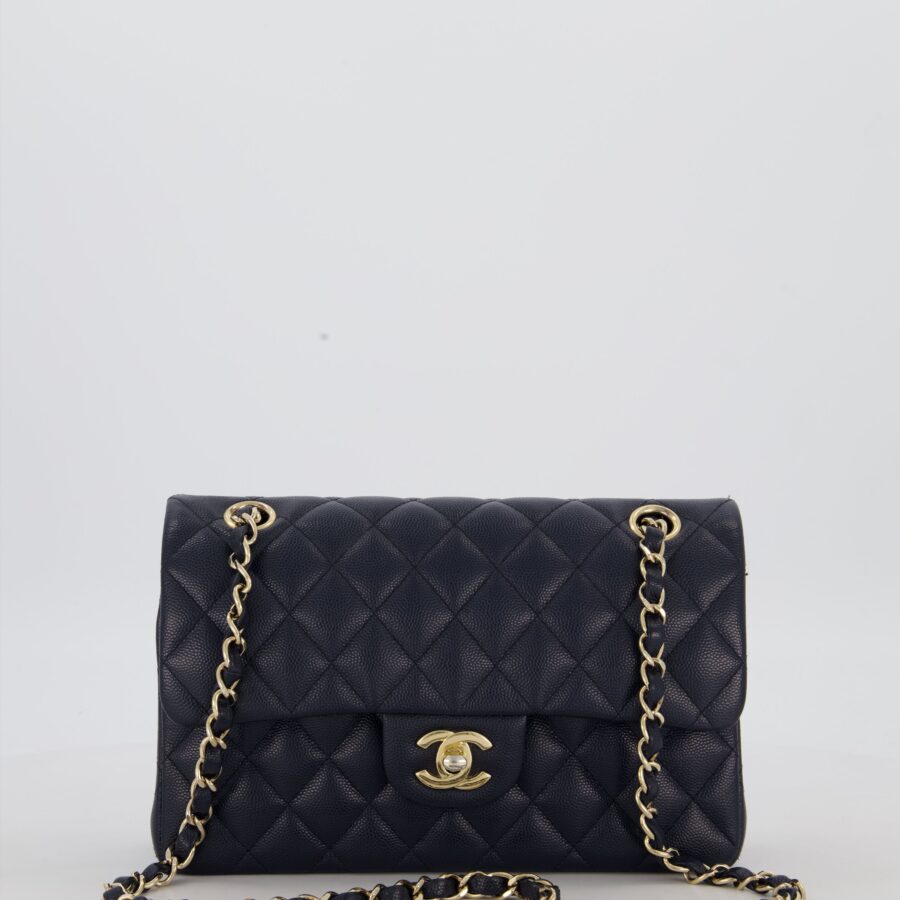 Chanel Navy Small Classic Double Flap Bag in Caviar Leather with Champagne Gold Hardware | Studio Nafay