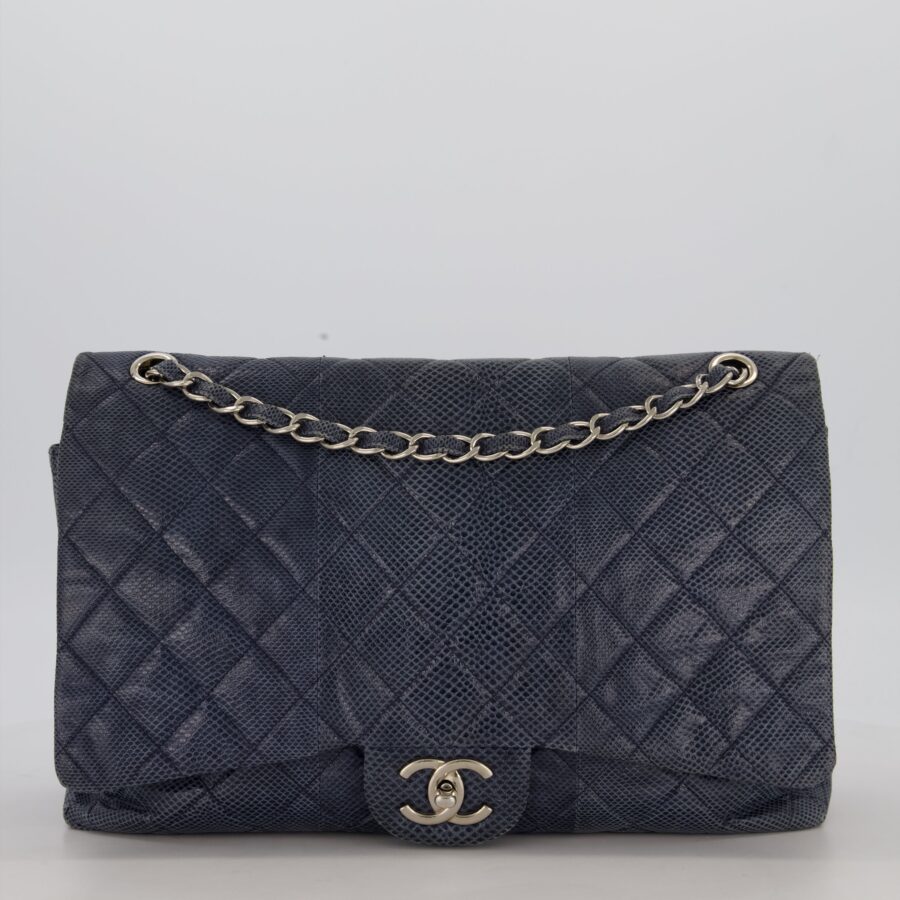 Chanel Blue Classic Maxi Double Flap in Exotic Python Leather with Silver Hardware | Studio Nafay