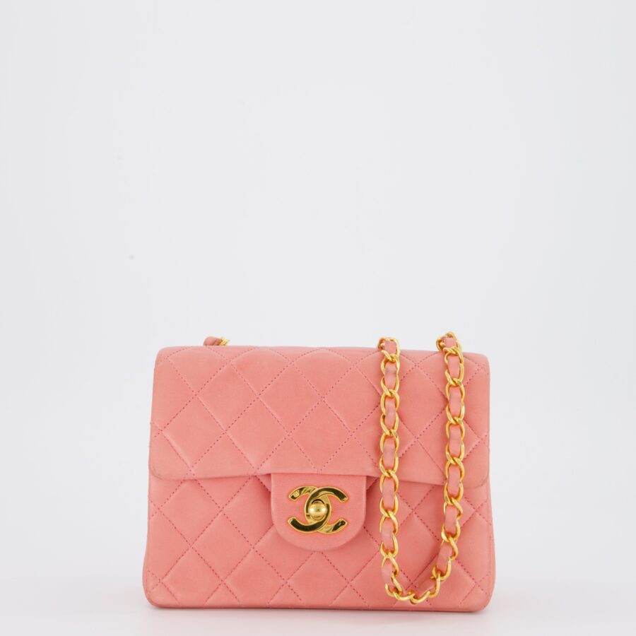 Chanel Pink Mini Square Single Flap Bag In Lambskin Leather With 24K Gold Hardware | Studio Nafay