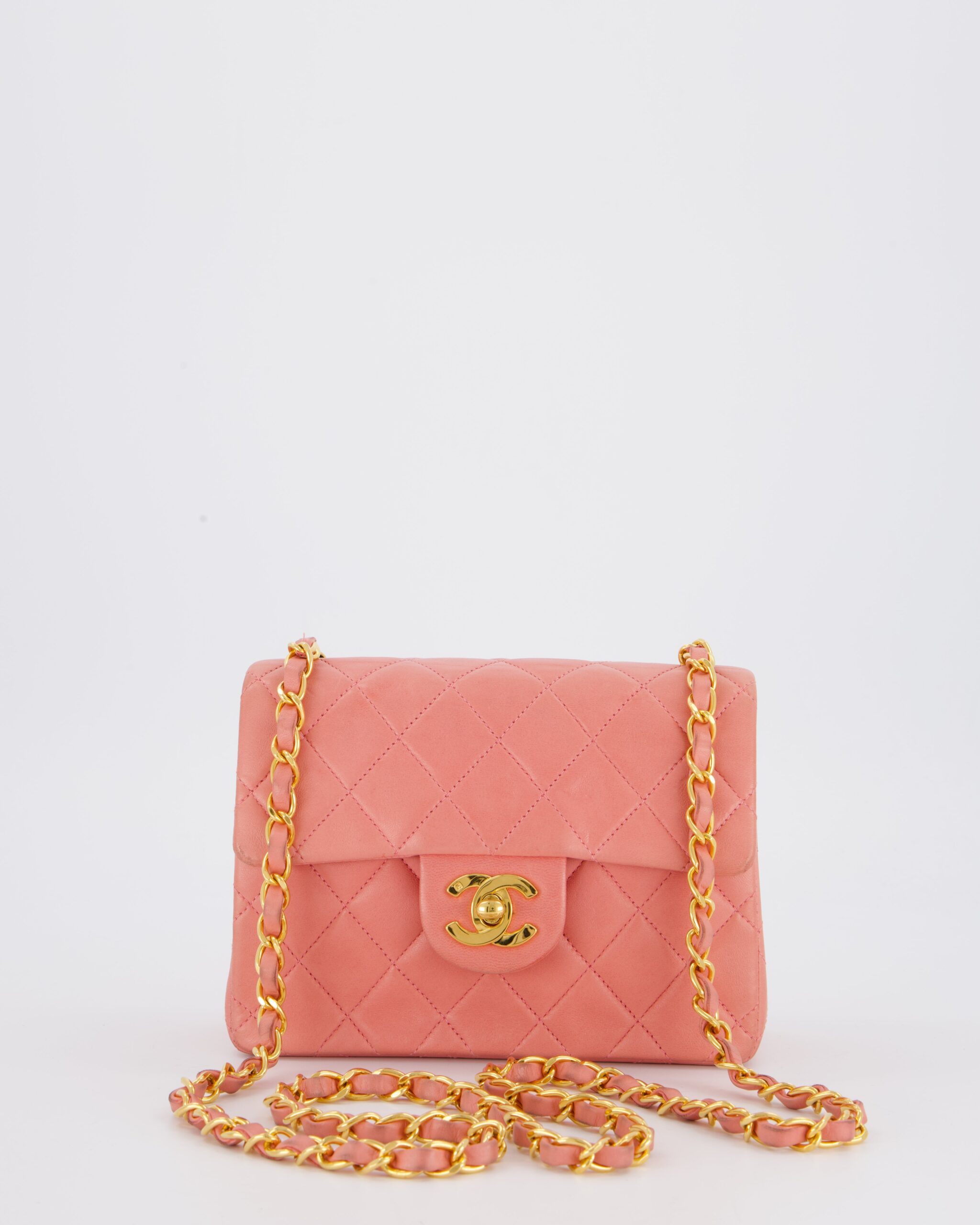Chanel Pink Mini Square Single Flap Bag In Lambskin Leather With 24K Gold Hardware