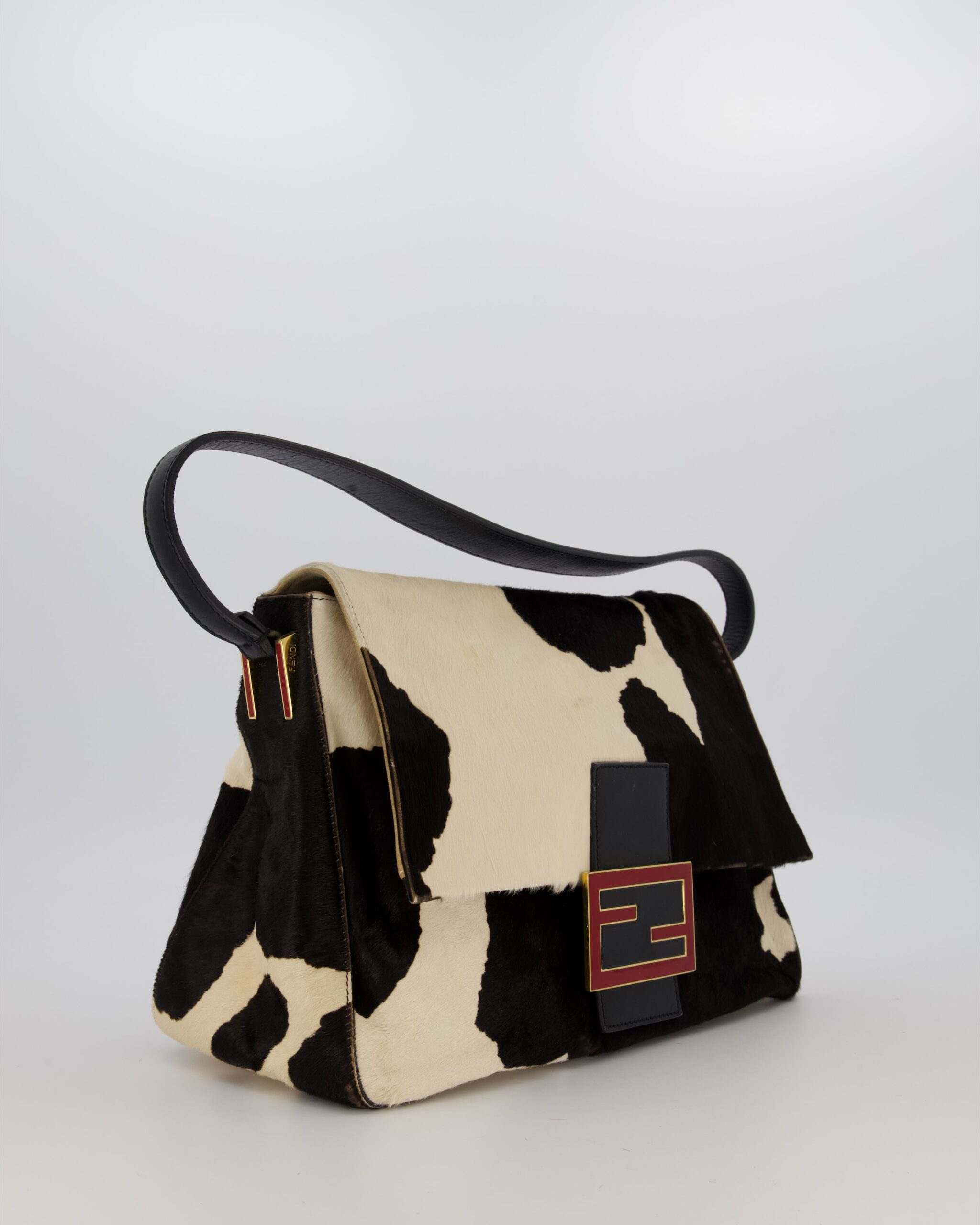 *RARE* Fendi Large Mamma Baguette Bag in Cow Print Pony Hair and Leather with Gold Hardware & Red FF Logo