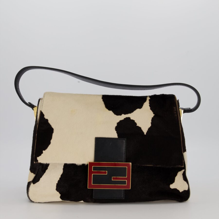 *RARE* Fendi Large Mamma Baguette Bag in Cow Print Pony Hair and Leather with Gold Hardware & Red FF Logo | Studio Nafay