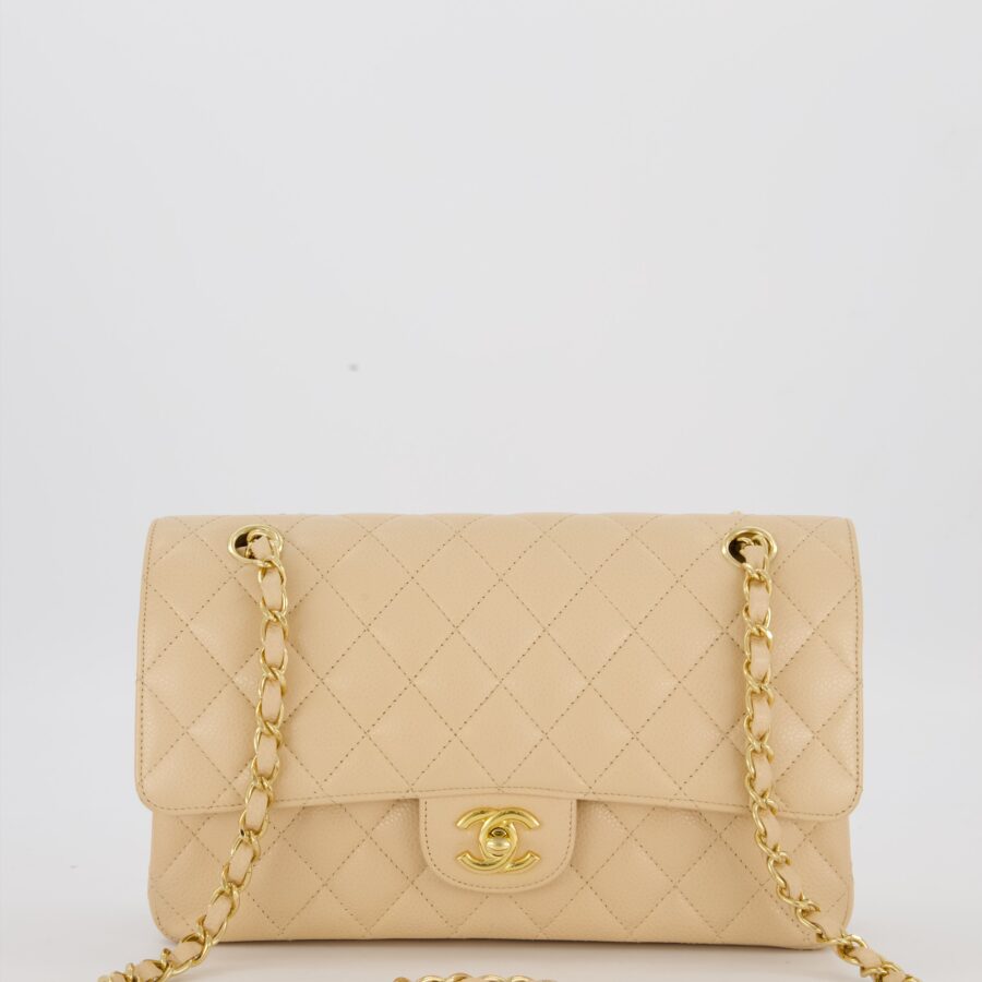 Chanel Medium Classic Double Flap Bag in Beige Clair Caviar Leather with Gold Hardware | Studio Nafay