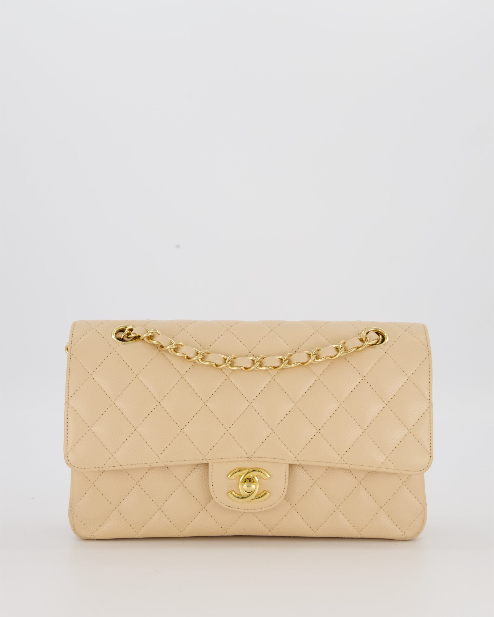 Chanel Medium Classic Double Flap Bag in Beige Clair Caviar Leather with Gold Hardware