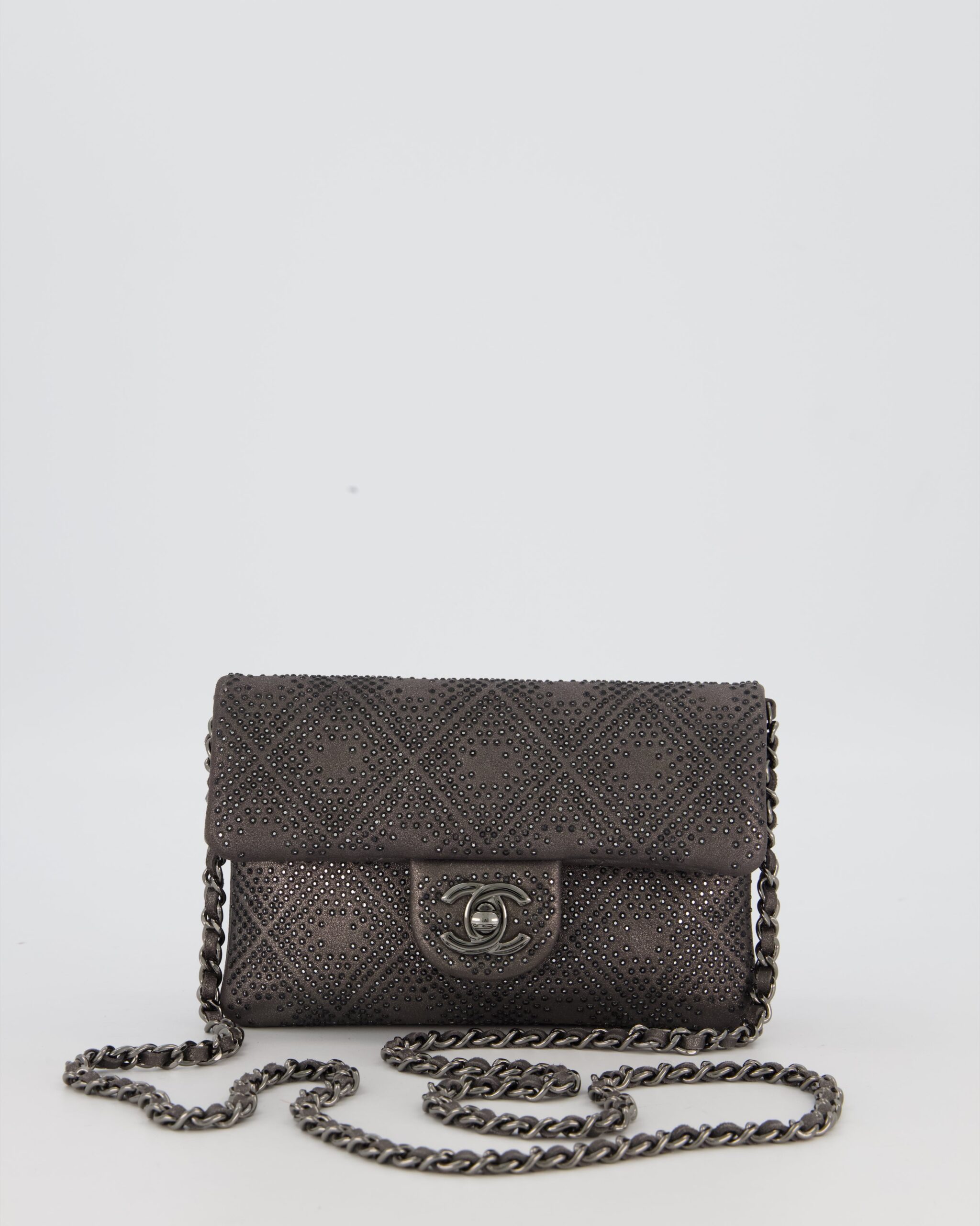 Chanel Grey Embellished Rhinestones Mini Flap Bag in Suede Leather With Gunmetal Hardware