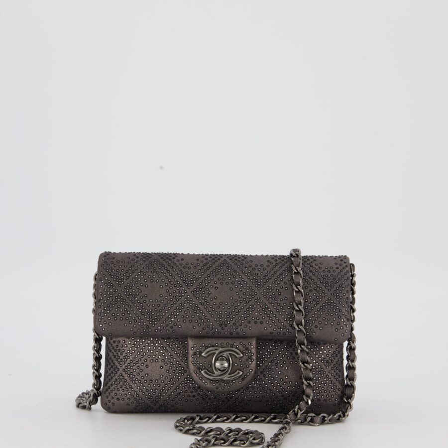 Chanel Grey Embellished Rhinestones Mini Flap Bag in Suede Leather With Gunmetal Hardware | Studio Nafay