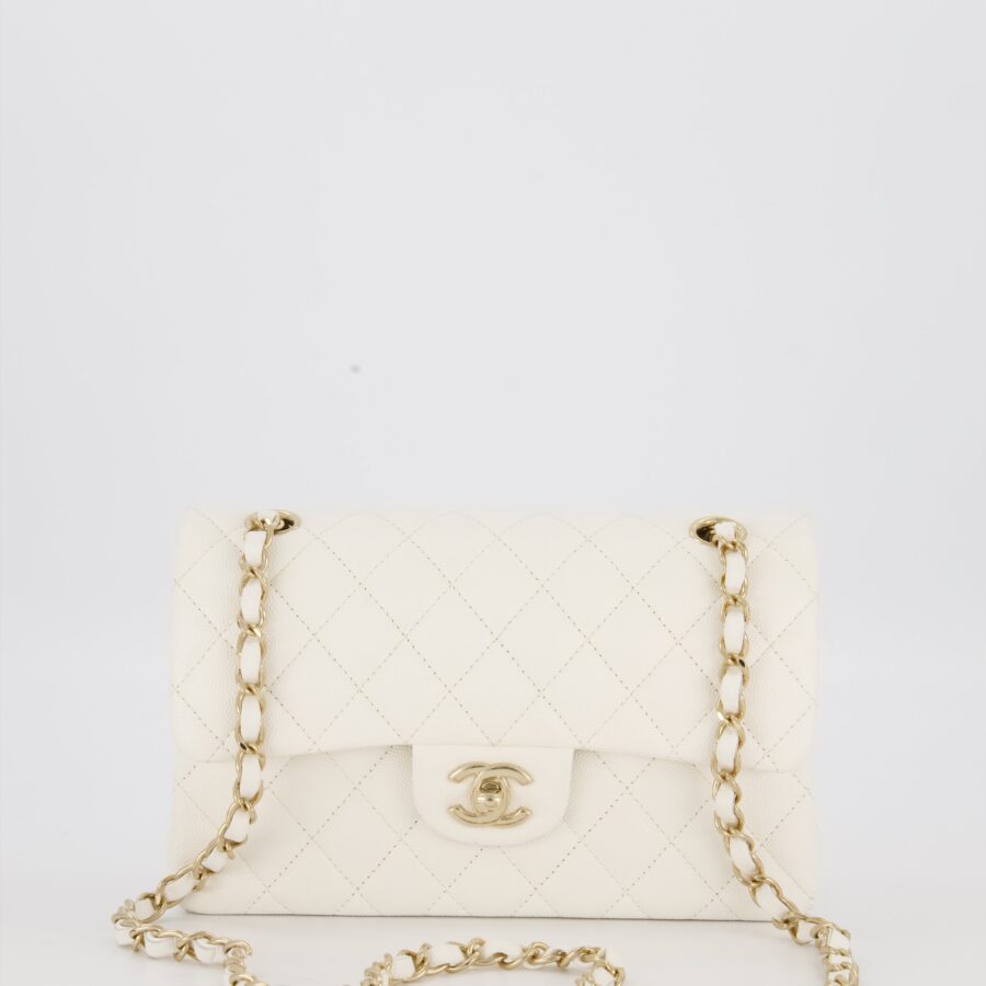Chanel Small Classic Double Flap Bag in White Caviar Leather with Champagne Gold Hardware | Studio Nafay