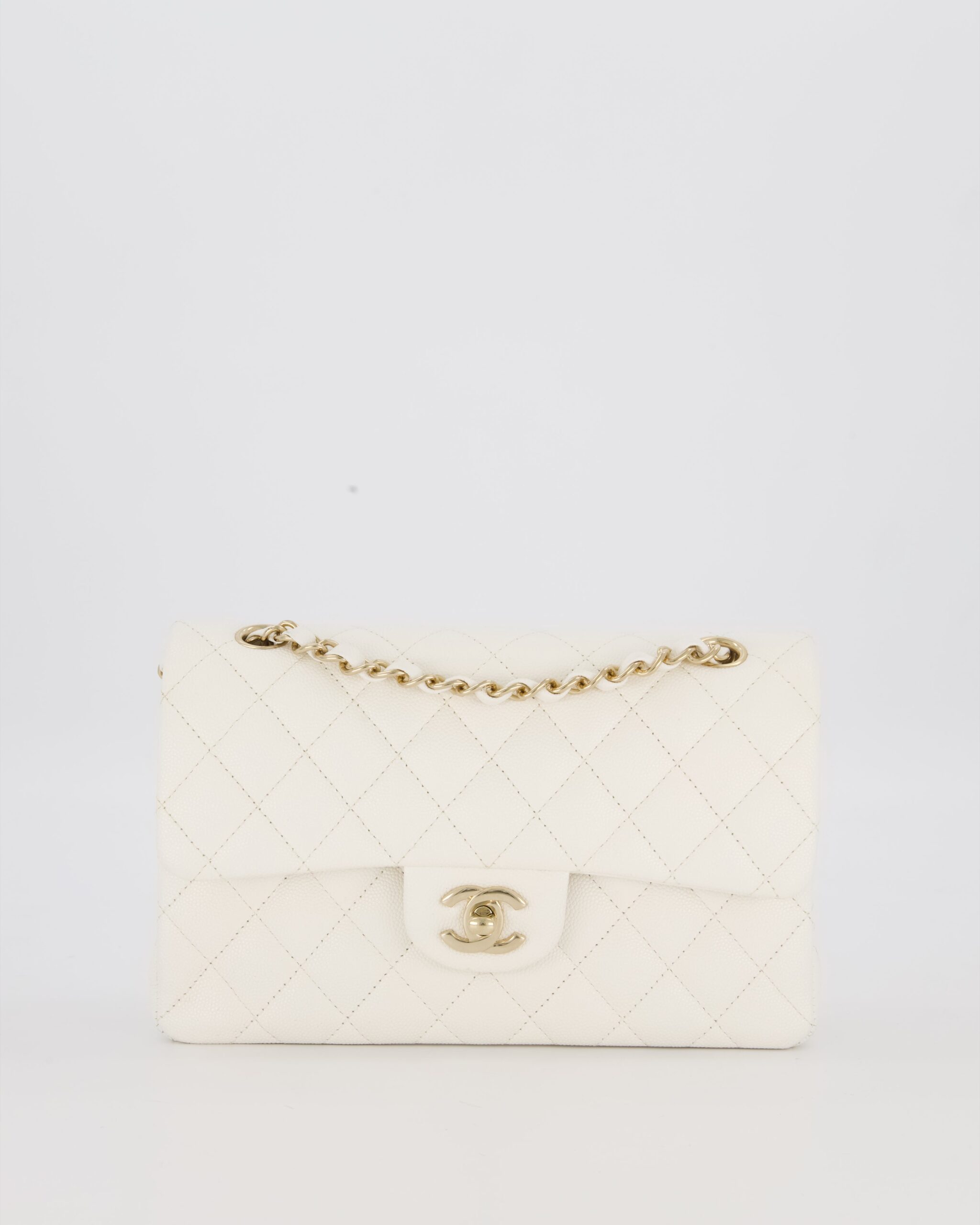 Chanel Small Classic Double Flap Bag in White Caviar Leather with Champagne Gold Hardware