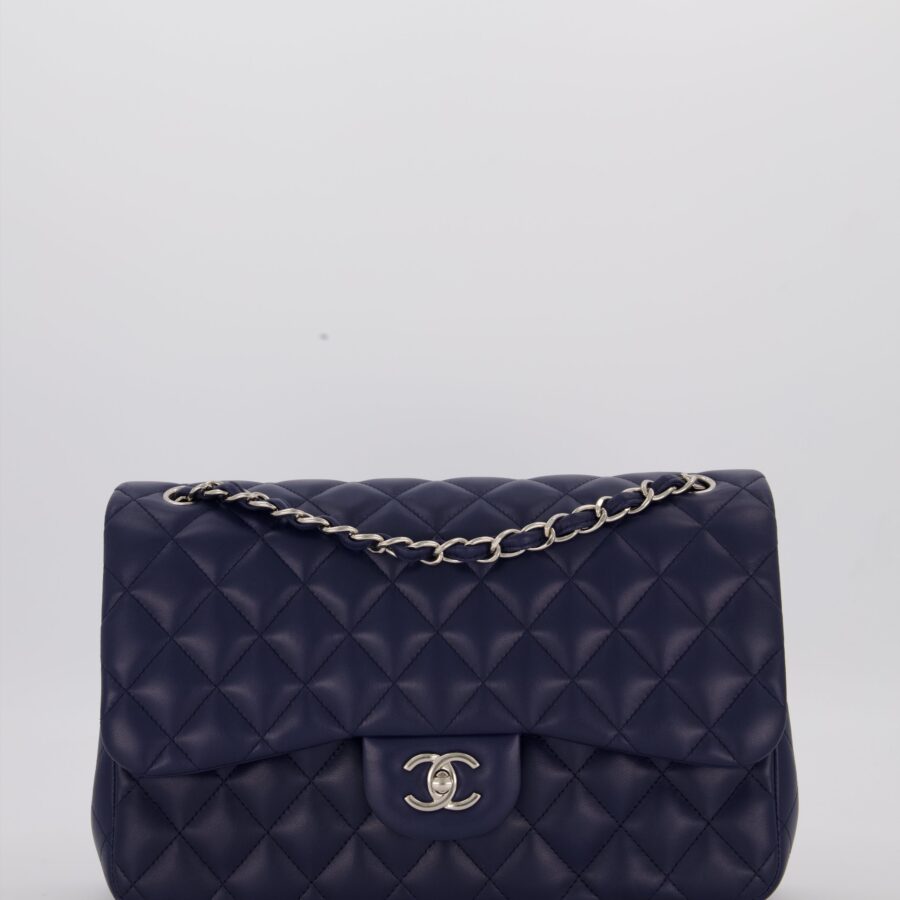 Chanel Navy Jumbo Classic Double Flap Bag in Lambskin Leather with Silver Hardware | Studio Nafay
