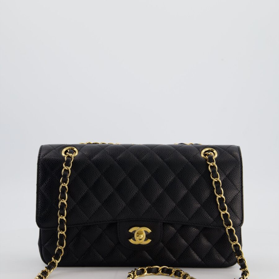 Chanel Medium Black Stitched Edge Classic Double Flap Bag in Caviar Leather with Gold Hardware | Studio Nafay