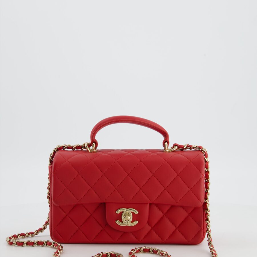 Chanel Mini Rectangular Top Handle Bag in Cherry Red Lambskin Leather with Champagne Gold Hardware | Studio Nafay