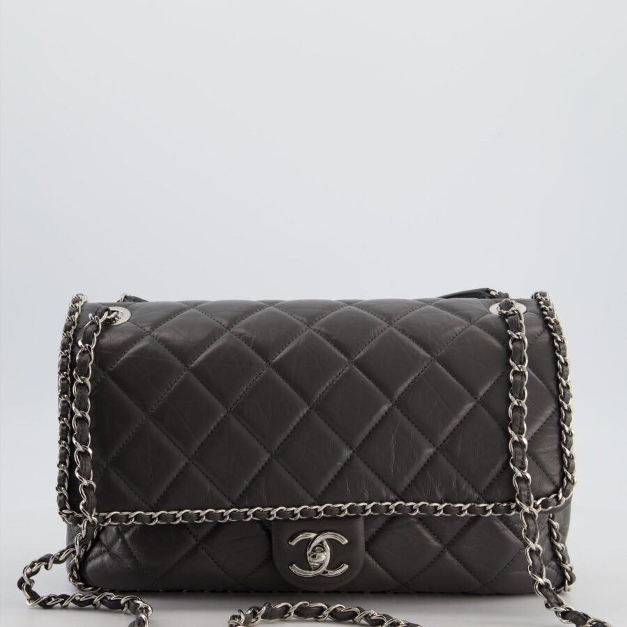 Chanel 20S Stone Grey Large Flap Bag in Aged Calfskin Leather with Chain Edge and Silver Hardware | Studio Nafay
