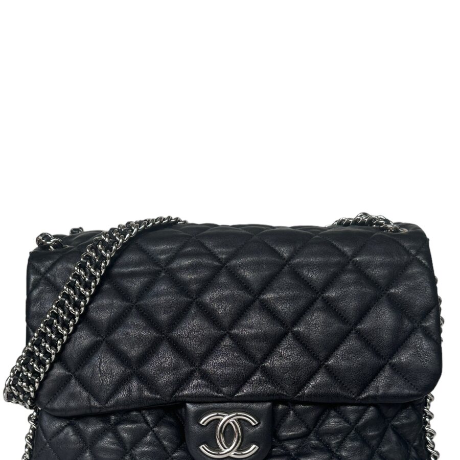 Chanel Black Washed Lambskin Quilted Maxi Chain Around Flap Bag | Studio Nafay