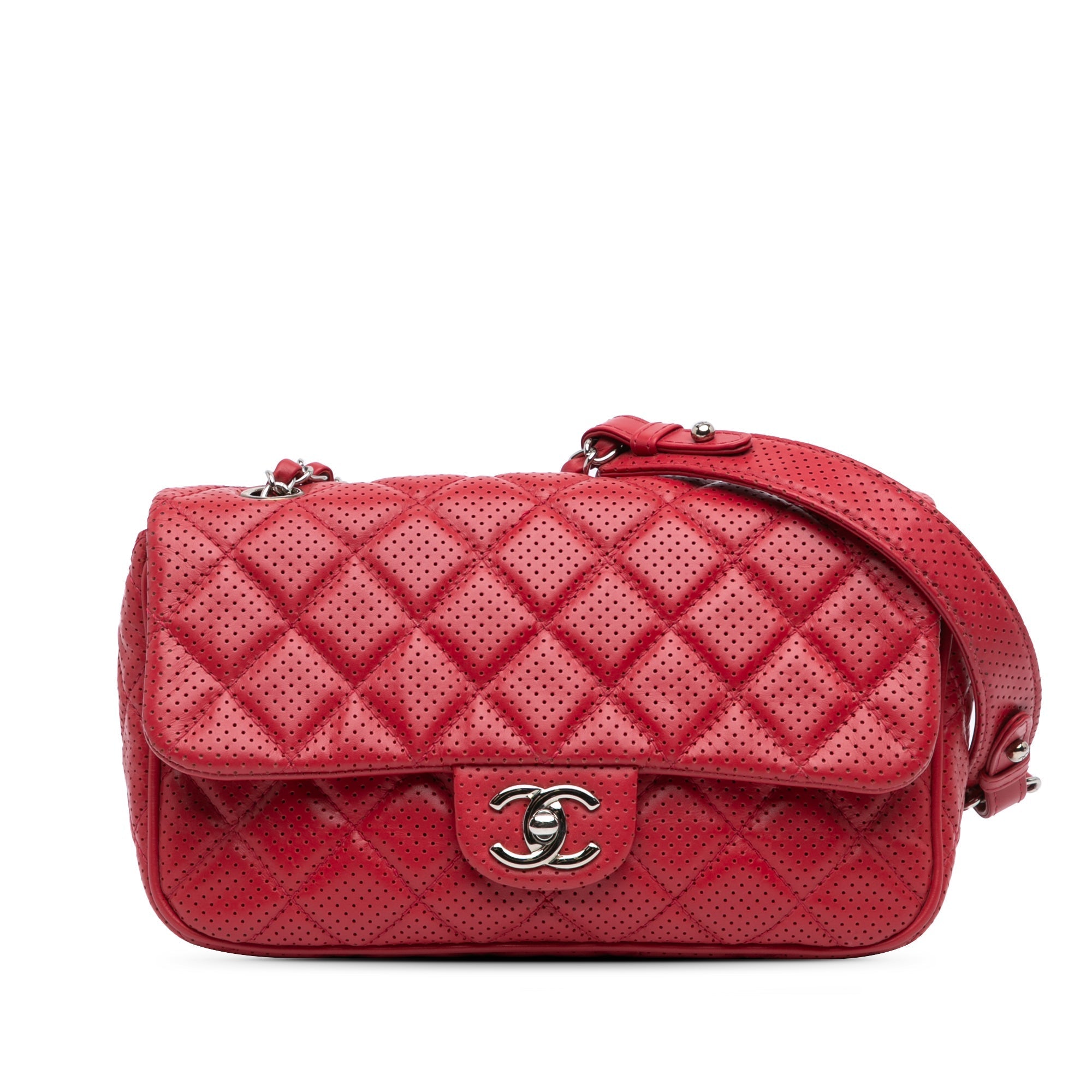 Red Chanel Medium Perforated Lambskin Punch Flap Shoulder Bag