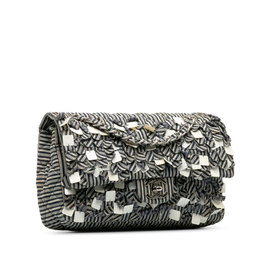 Blue Chanel Medium Cotton Striped Double Flap Shoulder Bag | Studio Nafay